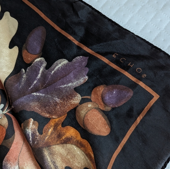 Echo Silk Square Scarf,  Fall Leaves Acorns Black, Brown 30x30 - Picture 3 of 6